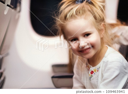 Paint filtered Young blonde girl smiling and looks at camera on tha aircraft board. 109463941