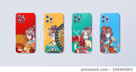 Anime manga girls in kimono and paper fan. Phone case design with colored print. Concept design for case and cover smartphone. Vector Illustration 109464003