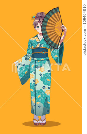 Group of anime manga girls in kimono holding paper fan 109464010