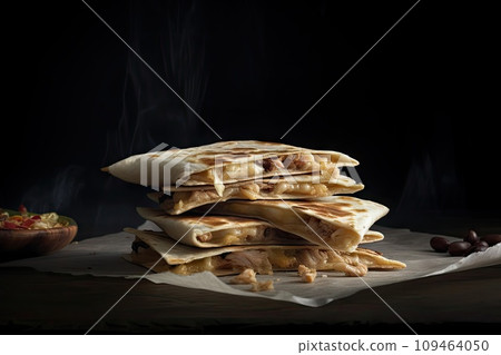 Mexican Quesadilla, Tortilla with Cheese, Meat, Traditional Mexican Quesadilla Lunch, Generative AI 109464050