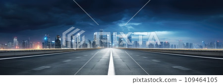 Long Empty Night Asphalt Road, City Skyline, Large Wide Road to City Buildings, Skyscrapers View Long Empty Night Asphalt Road, City Skyline, Large Wide Road to City Buildings, Skyscrapers View 109464105