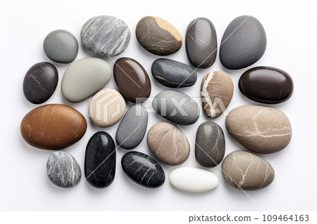 Sea Pebbles Isolated, Flat Round Stones, Gray Circle Rock Pieces, Sea Pebbles Pile on White Background 109464163