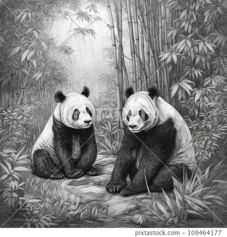 Panda, Ailuropoda melanoleuca, Chinese bamboo bear, cute animal, black and white drawing, portrait, engraving style Panda, Ailuropoda melanoleuca, Chinese bamboo bear, cute animal, black and white drawing, portrait, engraving style 109464177