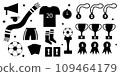 Set of doodle items for playing football, isolated on white background. Elements of icons for the sports game of football. Hand drawing of doodles. 109464179
