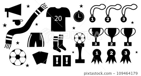 Set of doodle items for playing football, isolated on white background. Elements of icons for the sports game of football. Hand drawing of doodles. Set of doodle items for playing football, isolated on white background. Elements of icons for the sports game of football. Hand drawing of doodles. 109464179