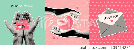 Creative set of Valentine's day greeting card covers with Halftone hand giving gift, letter and heart. Contemporary Valentine Collage Retro celebration poster for Social Media. Vector illustration 80s 109464225