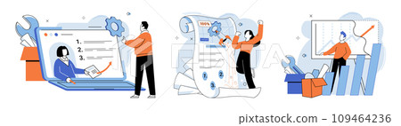 Business development. Vector illustration. Business Concept illustrations simplify complex concepts Men and women actively engage in various business activities Collaboration within diverse groups Business development. Vector illustration. Business Concept illustrations simplify complex concepts Men and women actively engage in various business activities Collaboration within diverse groups 109464236