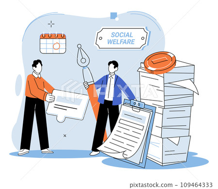 Social welfare. Vector illustration. Engaging in social welfare activities promotes unity within community Voluntary contributions are essential for success international social welfare programs 109464333