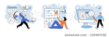 Business data analysis vector illustration. Research is compass guiding ship through sea information Accounting is architect designing blueprint for business analytics Business strategy is roadmap 109464386