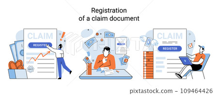 Claim vector illustration. Simplify claim process with organized financial schedule and clear paperwork Turn claim document into financial guide, leading you to compensation success Organize 109464426