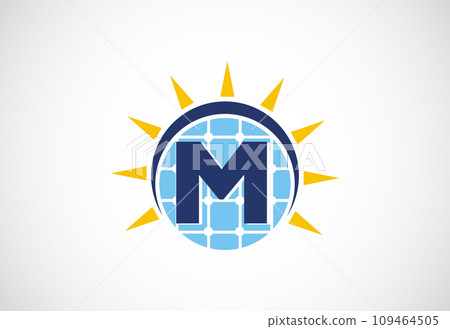 English alphabet with solar panel and sun sign. Sun solar energy logo vector illustration English alphabet with solar panel and sun sign. Sun solar energy logo vector illustration 109464505