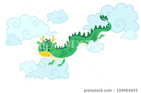 Illustration of a dragon peeking through the clouds Illustration of a dragon peeking through the clouds 109464845