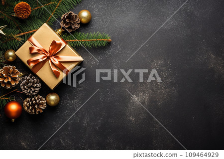 A christmas xmas background photo of some gifts, upper view, top view, postcard or invitation graphics A christmas xmas background photo of some gifts, upper view, top view, postcard or invitation graphics 109464929