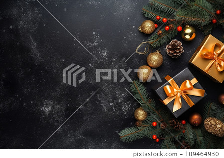 A christmas xmas background photo of some gifts, upper view, top view, postcard or invitation graphics 109464930
