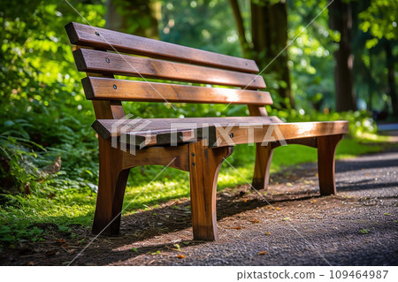 A bench in a park with tree and grass, bench in a garden on a sunny day outside 109464987