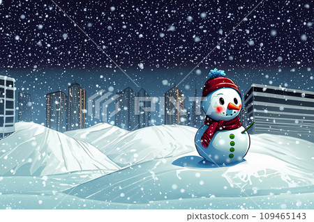 Illustration of a snowman on a street corner on a snowy evening 109465143