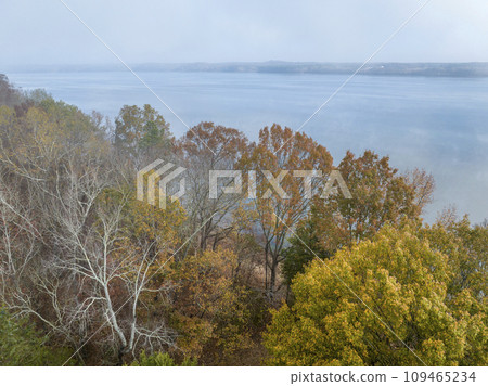 foggy morning over forest and the Tennessee River near Colbert Ferry Park, Natchez Trace Parkway - late November aerial view 109465234