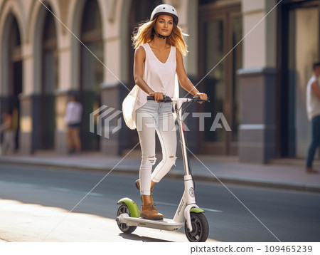 Woman riding an electric kickboard Woman riding an electric kickboard 109465239