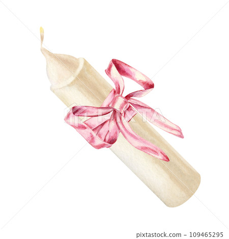 Watercolor white candle with pink bow for illustrations for Christmas, Candlemas, wedding, birthday, Easter, magic, memorial day, spa and relaxation for invitations, cards, social posts, banner Watercolor white candle with pink bow for illustrations for Christmas, Candlemas, wedding, birthday, Easter, magic, memorial day, spa and relaxation for invitations, cards, social posts, banner 109465295