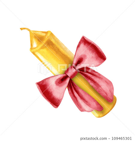 Watercolor yellow candles with red bow for illustrations for Christmas, Candlemas, wedding, birthday, Easter, magic, memorial day, spa and relaxation for invitations, cards, social posts, banner Watercolor yellow candles with red bow for illustrations for Christmas, Candlemas, wedding, birthday, Easter, magic, memorial day, spa and relaxation for invitations, cards, social posts, banner 109465301
