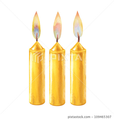 Watercolor candles with flame and light for illustrations for Christmas, Candlemas, wedding, birthday, Easter, magic, memorial day, spa and relaxation for invitations, cards, social posts, banner 109465307
