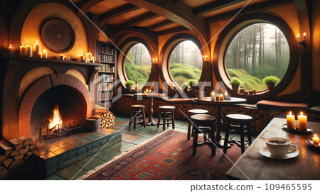 霍比屯咖啡廳的景色。外面正在下雨。 AI生成影像 109465595