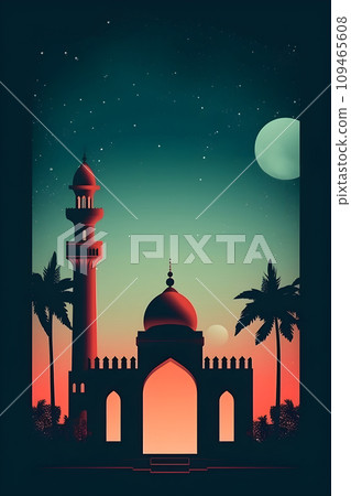Colorful simple decoration illustration for Happy Ramadan or EID Mubarak draft and greetings card template. 109465608