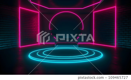 Futuristic Stage colorful neon lights stages room background and backdrop, empty podium for Product Display or Presentations, abstract modern, Perfect for Showcases and Modern Projects. 3D Rendering. 109465727