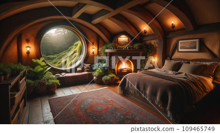 從哈比人之家臥室看到的景色。外面正在下雨。 AI生成影像 109465749
