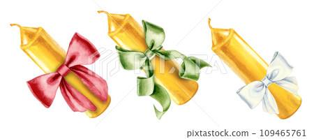 Watercolor candles with bow for illustrations for Christmas, Candlemas, wedding, birthday, Easter, magic, memorial day, spa and relaxation for invitations, cards, social posts, banner 109465761