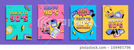 Back to 90s party cover brochure set in flat design. Poster templates with happy nineties symbols, neo brutalism, gamepad and devices, headphones and other old pop culture signs. Vector illustration 109465796