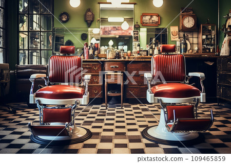 Barbershop with vintage barber chairs and classic decor. Stylish hairdressing salon interior. Generative AI Barbershop with vintage barber chairs and classic decor. Stylish hairdressing salon interior. Generative AI 109465859