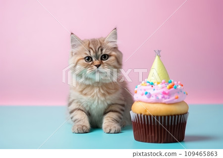 Cat in birthday hat blows out the candles on the cake. Generative AI 109465863