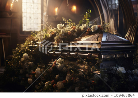 Coffin decorated with many flowers in the church. Funeral ceremony. Generative AI 109465864