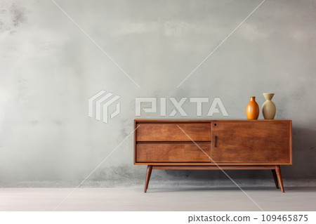 Wooden dresser near concrete wall. Vintage home interior design of living room. Generative AI Wooden dresser near concrete wall. Vintage home interior design of living room. Generative AI 109465875