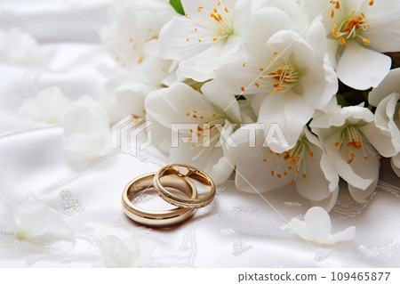 Wedding card in white colors with flowers and wedding rings. Generative AI Wedding card in white colors with flowers and wedding rings. Generative AI 109465877