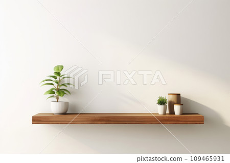Wood floating shelf with plants and vases on white wall. Interior design of modern living room. Generative AI Wood floating shelf with plants and vases on white wall. Interior design of modern living room. Generative AI 109465931