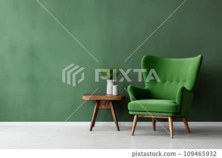 Wooden coffee table near green fabric chair against concrete wall. Scandinavian interior design of modern living room. Generative AI Wooden coffee table near green fabric chair against concrete wall. Scandinavian interior design of modern living room. Generative AI 109465932