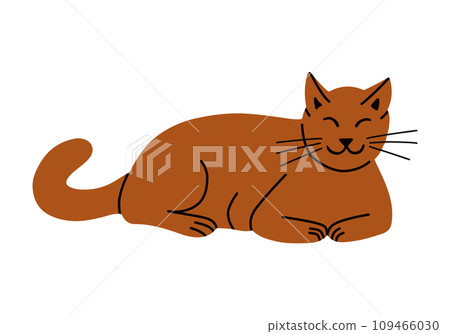 Cute lying down hand drawn brown domestic cat. Vector pet in flat cartoon minimalistic style. Trendy illustration for sticker, decoration. Perfect for kids textile, decoration, poster 109466030