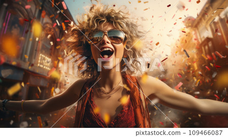 Beautiful young woman, wearing sunglasses, dancing energetically at an exciting summer festival or concert. AI Generated. Fictional person. 109466087