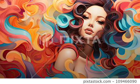 Portrait featuring a woman adorned with colorful washes and flowing lines. The sun-kissed palette and nature-based pattern create a captivating visual experience. AI Generated. Fictional person. Portrait featuring a woman adorned with colorful washes and flowing lines. The sun-kissed palette and nature-based pattern create a captivating visual experience. AI Generated. Fictional person. 109466090