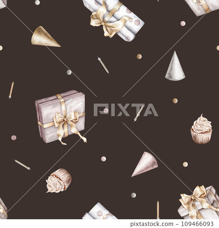 Seamless pattern with Birthday party set pastel colors. Gift boxes with golden bows and candles. Watercolor hand drawing illustration on isolated white background for holiday. Used for baby shower. 109466093