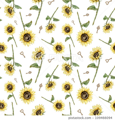 Seamless pattern with sunflowers and key hand painted in vintage style. Yellow flowers composition. Hand painted isolated on white background. Floral illustration for summer or autumn plant twigs Seamless pattern with sunflowers and key hand painted in vintage style. Yellow flowers composition. Hand painted isolated on white background. Floral illustration for summer or autumn plant twigs 109466094