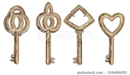 Watercolor hand drawing illustration set of vintage keys on isolated white background. assorted gold or bronze retro illustration of metal. design for valentine's day or other 109466095