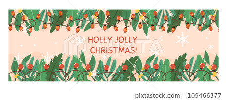 Christmas horizontal banner template with copy space. Horizontal flyer decorated with spruce plants branches, garland with lights, snow and snowflakes Christmas horizontal banner template with copy space. Horizontal flyer decorated with spruce plants branches, garland with lights, snow and snowflakes 109466377