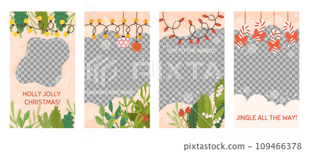 Social media christmas stories template with copy space and transparent space for photo. Vertical banner decorated with spruce plants branches, tree toys, light garland, candy cane and red bow Social media christmas stories template with copy space and transparent space for photo. Vertical banner decorated with spruce plants branches, tree toys, light garland, candy cane and red bow 109466378
