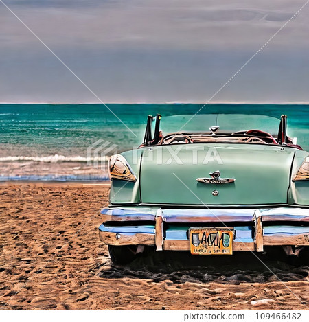 Cute retro car on a beach at beautiful sunset 109466482