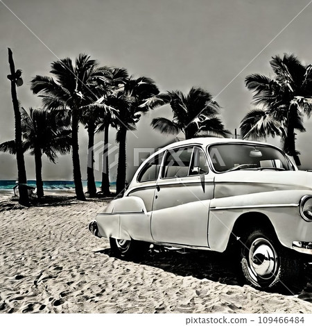 Cute retro car on a beach at beautiful sunset 109466484