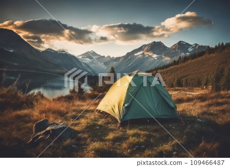 Camping in a beautiful natural landscape on a sunny evening Camping in a beautiful natural landscape on a sunny evening 109466487
