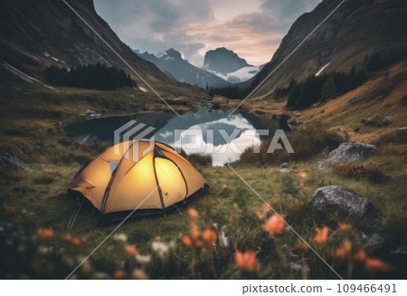 Camping in a beautiful natural landscape on a sunny evening Camping in a beautiful natural landscape on a sunny evening 109466491